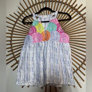 THML Women’s White Striped Tank Top with Colorful Embroidery Preppy Bohemian SzS